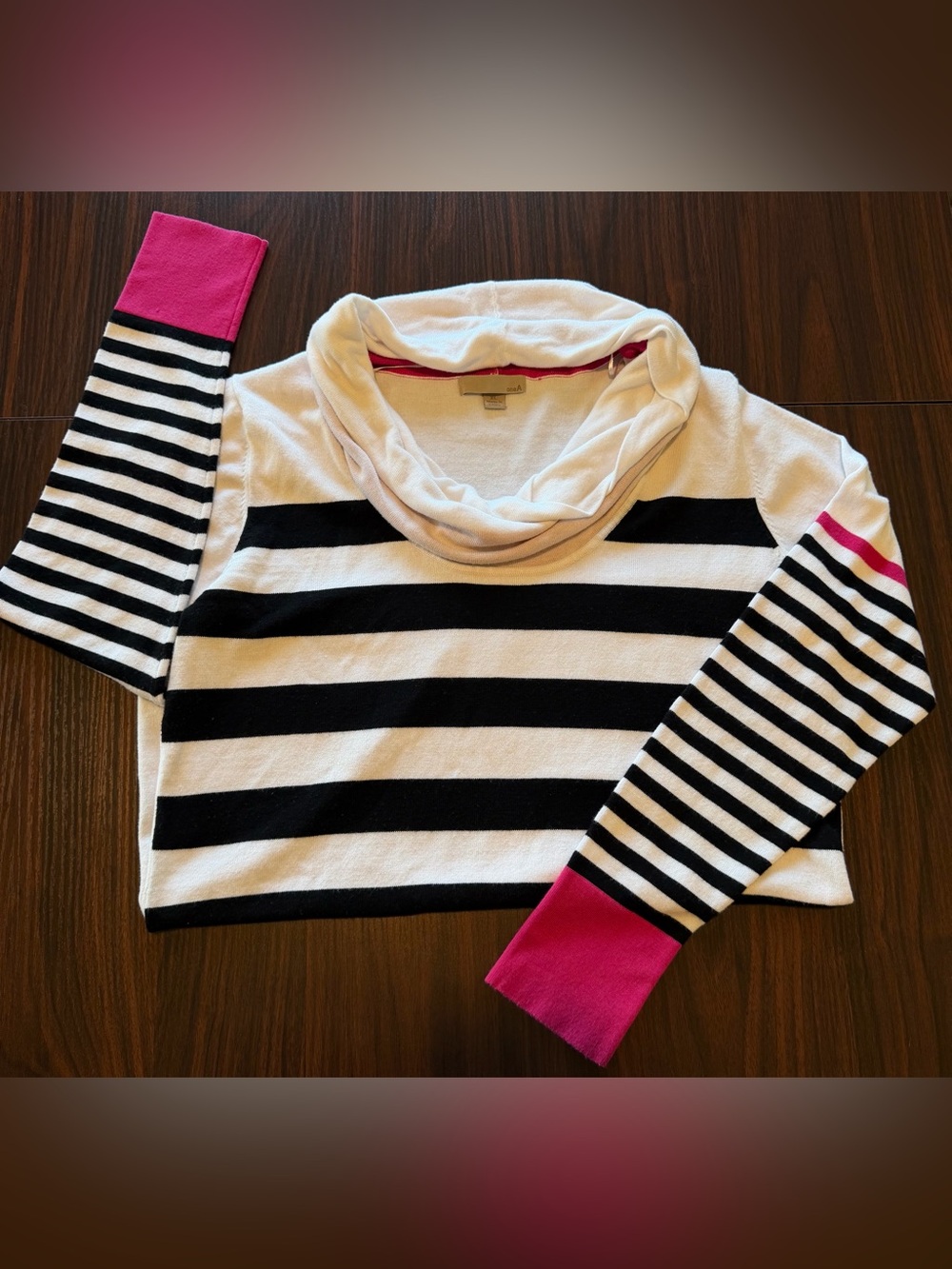 XL OneA Striped Cowl Neck Sweater with Pink Cuffs